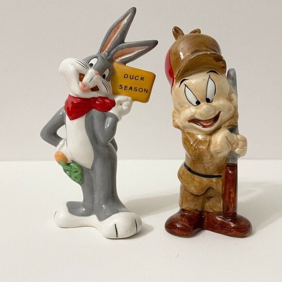 1993 Warner Bros Bugs Bunny and Elmer Fudd Duck Season Salt Pepper Shakers Flaws - Picture 1 of 16